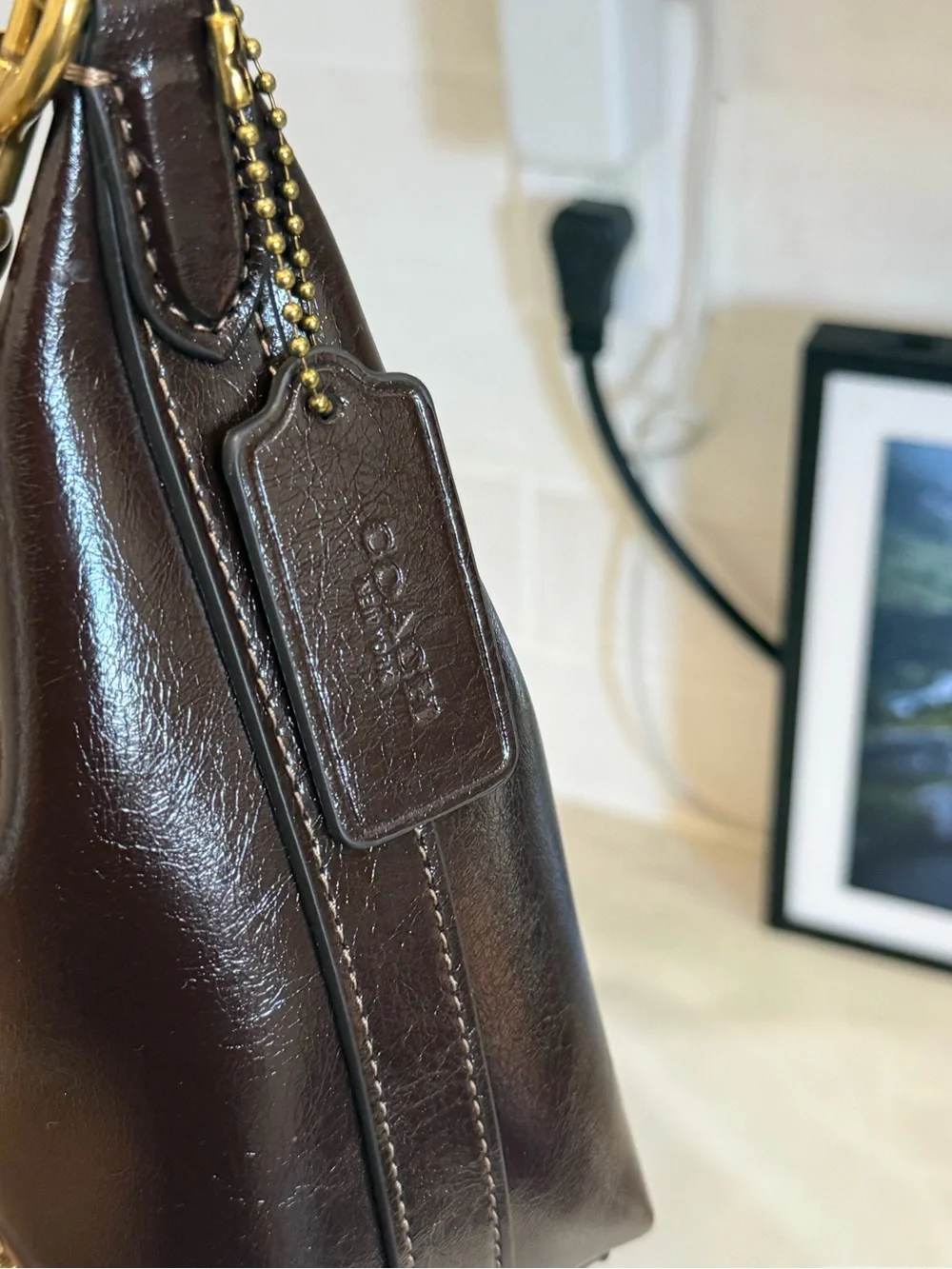 Coach JULIET 25 Leather Shoulder Bag in Dark Brown with Gold Chain